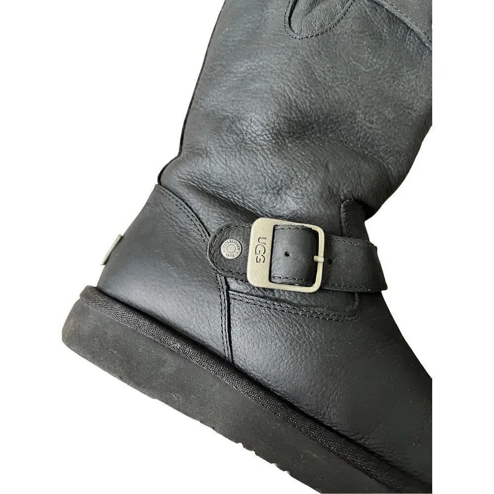 UGG Australia Women Sutter Black Leather Dual Buckle Moto Biker Boots size‎ 6